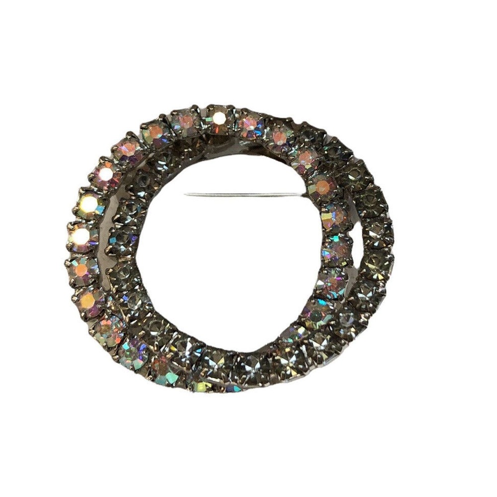 Vintage Classic Double Circle Pin Multicolored Aura Borealis & Grey Rhinestones